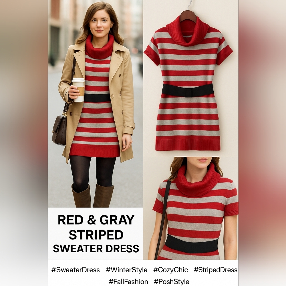 Red & Gray Striped Sweater Dress | Cozy Winter Chic Medium